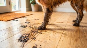 Wet dog tracking mud across wood look flooring in a Wisconsin home highlighting pet friendly scratch resistant flooring options