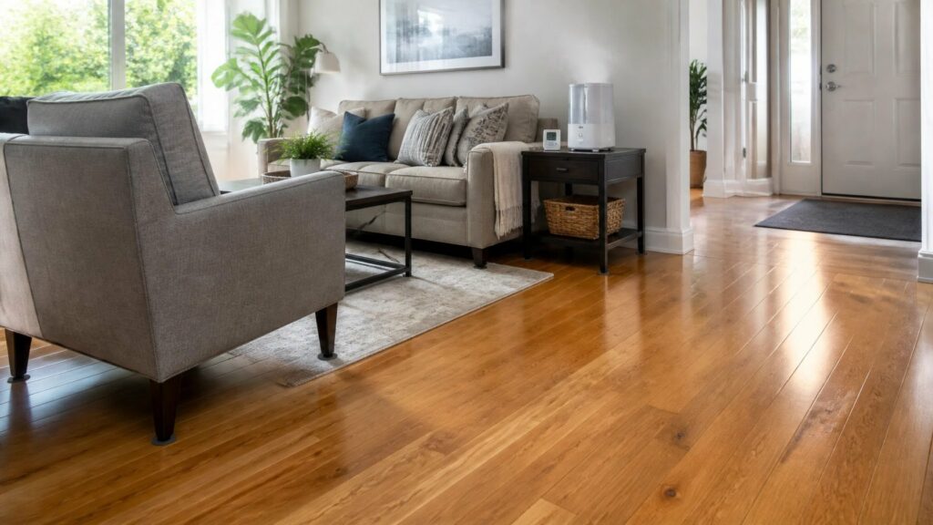 Clean hardwood flooring in a modern living room demonstrating durable flooring for active households