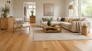 Modern living room featuring natural wood flooring designed for long term durability and everyday living