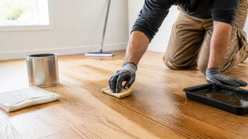 Homeowner maintaining hardwood flooring surface to preserve appearance and extend floor lifespan