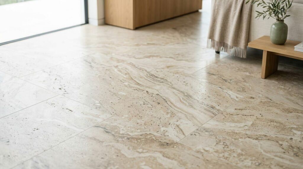 Porcelain tile flooring with natural stone appearance for high moisture areas in Wisconsin homes